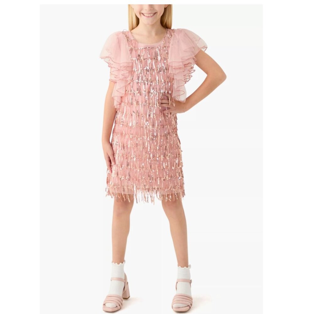 NEW Bonnie Jean Girls Size 7-16 Pink Dangling Sequins Chiffon Sleeve Dress - Picture 4 of 5
